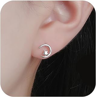 Hinged Hoop Silver Crescent Moon & Star Stud Earrings for Women & Teens - Hypoallergenic 925 Sterling Silver Earrings - Ideal Jewelry Gift for Her: Wedding, Birthday, Engagement