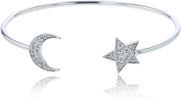 DECADENCE Sterling Silver Rhodium, 1mm Round, Created White Sapphire Moon and Star Design on an Open Wire Bangle with Box Chain and Snap Clasp, 6.5 Inches