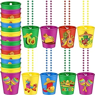 24 Pcs Mexican Shot Glass Necklaces Plastic Fiesta Shot Necklace Cups Cinco De Mayo Shot Glass on Beaded Necklace for Mexican Festival Party Favors Supplies