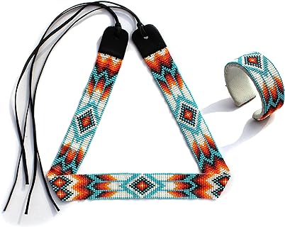 Beaded Hatband With Cuff Bracelet Native American Style Southwestern Cowboy Rode Handmade Head/Hat Band Collection