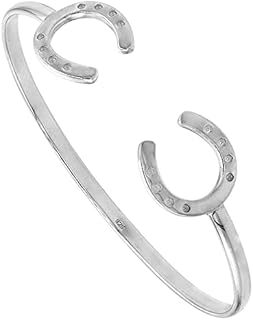 No-Clasp Sterling Silver Horse Cuff Bracelet with Double Horseshoe Design for Women, High Polish Finish, Fits 7-Inch Wrist Sizes