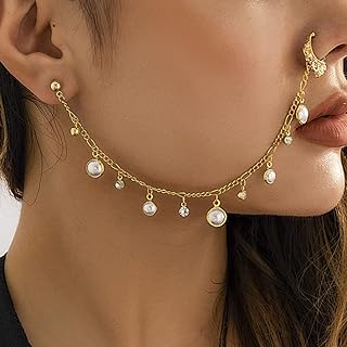 Missgrace Boho Indian Dainty Simple Silver Gold Chain Sexy Pearls Rhinestones Nose Rings Earrings Hoop Chain Tassel Nose Chain Septum Non Piercing Nose Dangle Earrings for Women
