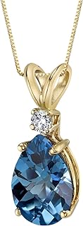 14K Yellow Gold London Blue Topaz and Diamond Pendant with Box Chain for Women, Pear/Diamond Design, Spring Ring Clasp, Genuine Teardrop Gemstone, Handcrafted in USA