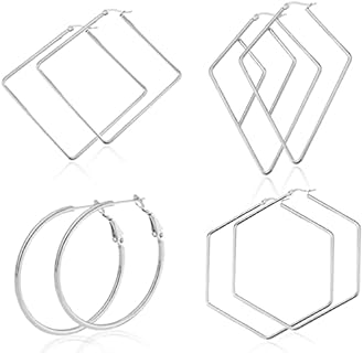 4 Pairs Stainless Steel Geometric Hexagon Round Square Thin Hoop Earrings for Women Jewelry Set
