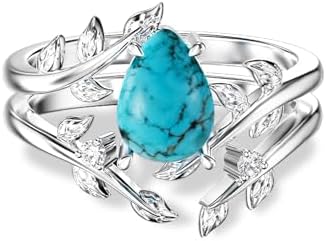 Genuine Turquoise Rings Set for Women 925 Sterling Silver Leaf Western Teardrop Gemstone Jewelry Birthday Gift for Her Wife Mom