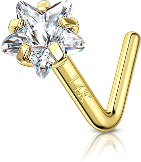 COCHARM 14k Solid Gold Heart Star Nose Stud 20g Yellow Solid Bone Nose Stud 14k Real Gold Nose Ring Stud Hypoallergenic 14Kt Nose Piercing For Women Men
