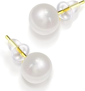 14K Gold Plated Pearl Earrings Studs, Round White Pearl Stud Earrings for Women Girls, Hypoallergenic Pearl Earrings