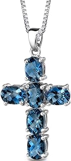 PEORA Genuine London Blue Topaz Cross Pendant Necklace for Women 925 Sterling Silver, December Birthstone, 6 Carats total Oval Shape, with 18 inch Chain