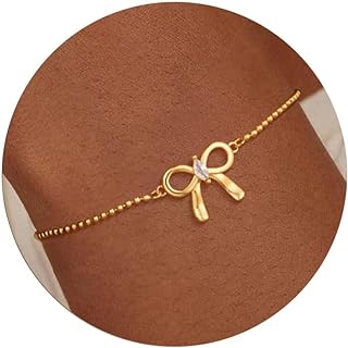 Fine Brass Gold Bead Bracelet with Cubic Zirconia Bow Detail - Adjustable Link Design for Women - Hypoallergenic Jewelry Gift