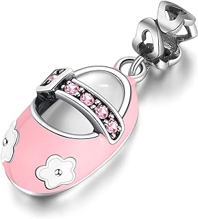 Ginger Lyne Collection Baby Shoe Bootie Charm for Bracelet or Necklace for Women Girls Hearts European Bead Cubic Zirconia Pink or Blue White Enamel Sterling Silver Gift Idea Mother's Day