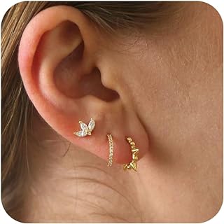 FICXOR Gold Earrings for Women,Dainty Gold Earrings Set Cute Heart Butterfly Star Stud Earrings Simple Flat Back Cartilage Earrings Hypoallergenic Small Hoop Earrings for Women Trendy Jewelry Gifts