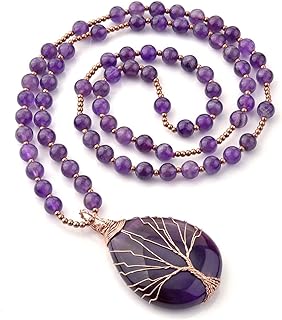 Top Plaza Healing Crystal Amethyst Necklace Natural Stone Beads Tree of Life Wire Wrapped Teardrop Gemstone Pendant Jewelry for Women Girls for Mom