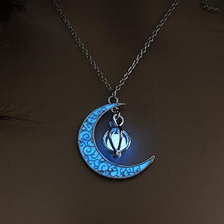 Lobster Clasp Rhinestone Moon Pendant Necklace- Glow in the Dark Sky Blue Crescent Moon Design with Chain Chain for Women- Magical Fantasy Charm
