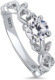 BERRICLE Sterling Silver Solitaire Ring with 0.8 Carat Round Cubic Zirconia, Leaf-shaped Filigree Engagement Ring for Women, Size 4-10 Rhodium Plated