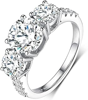 boya Moissanite Engagement Rings for Women, 2.66-3ct Three Stone Moissanite Ring 18K White Gold Plated Silver Moissanite Rings, D Color VVS1 Clarity Anniversary Wedding Engagement Rings for Proposal Promise Ring for Her