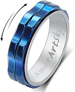 Unisex Anxiety Relief Spinner Gear Ring - Stainless Steel Fidget Wedding Band in Silver, Blue & Black Tones - Sizes 6 to 10