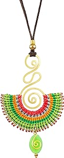 Adjustable Bohemian Orange Beaded Necklace with Cord Chain and Onyx Gem for Women | Ethnic Brass Pendant Design