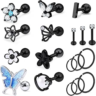 Vsnnsns 16G Cartilage Earrings Tragus Earrings Piercing Jewelry for Women Surgical Stainless Steel Cubic Zirconia Earrings Stud Butterfly Forward Helix Rook Daith Conch Earrings Hoops 18PCS