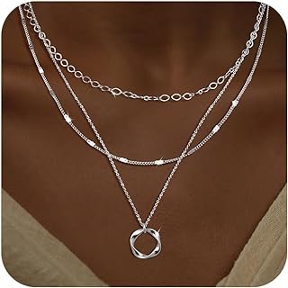 Silver Layered Necklaces for Women, Stackable Dainty Silver Choker Necklaces for Women Trendy Layering Circle Bar Pendant Chain Necklace Fashion Jewelry Set Gifts for Women Teen Girls