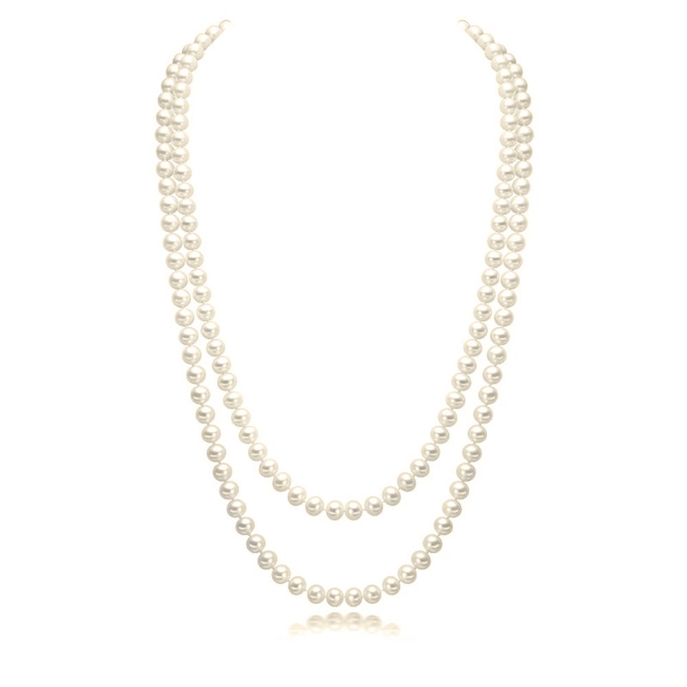 CrazyPiercing Faux Pearls Beads Necklace, Glass Strand Beads Necklace Chain, 1920s Fashion Imitation Pearls Long Necklace Vintage Costume Jewelry Necklace 55" Diameter of Pearl 0.32" for Women Girls