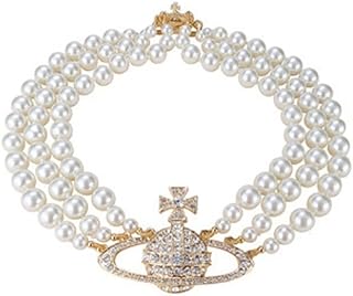 Saturn Pearl Necklace White Pearl Choker Necklace for Women Crystal Rhinestone Planet Necklace Gifts for Mum Wife Girlfriend Wedding Birthday Anniversary