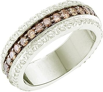 Classic 14K White Gold Clasp, 1.43 Carat Round Cognac & White Diamond Engagement Ring Chain for Ladies, Fashion Anniversary/Wedding Design