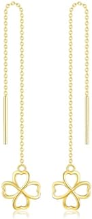 14K Yellow Gold Four Leaf Clover Threader Earrings for Women - No Back Design Dangle Earrings for Daily Wear or Special Occasions