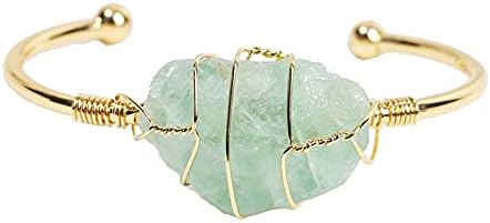 COLORFUL BLING Healing Stone Gold Plated Copper Wire Wrapped Natural Stone Cuff Bangle Gemstone Bracelet Chakra Energy Women Bracelet Jewelry