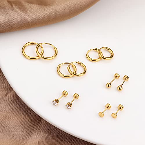 FASACCO Small Tiny Stud Flat Back Earring Gold Studs 18K Stainless Steel Earring Sets for Multiple Piercing Cartilage Hoop Earrings