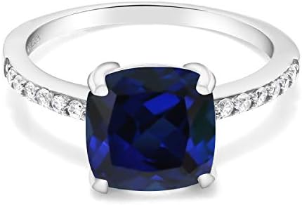 Gem Stone King 925 Sterling Silver Blue Created Sapphire Engagement Ring For Women (2.62 Cttw, Cushion Cut 8MM, Available in size 5, 6, 7, 8, 9)
