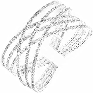 Multilayer Rhinestone and Crystal Cuff Bracelet - Silver Alloy, Women's Buckle Clasp Bangle with Dazzling Design