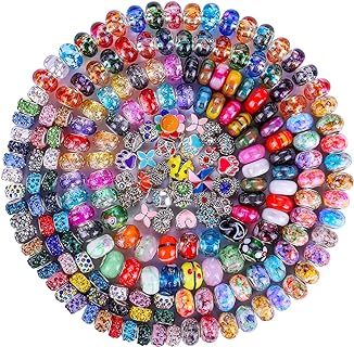 VICTLOV European Charm Beads in Brass and Resin, Large Hole Spacer Beads for DIY Bracelet Making, Rhinestone Craft Beads in Round Shape, 7 Styles -150 Pieces Set