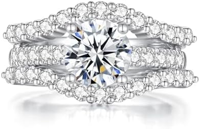 Round Cut 3CTTW Moissanite Wedding Ring Sets, S925 Sterling Silver with 18K White Gold Plating, for Women, Dazzling Engagement Ring and Wedding Band Gift