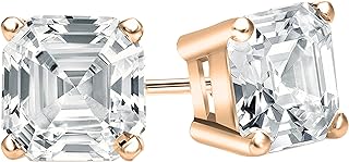 ALLORYA 0.50 Carat Lab Grown White Diamond Asscher Cut 4-Prong Basket Stud Earrings for Women in 14K Gold