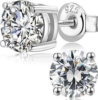 Dowos 925 Sterling Silver Stud Earrings For Women Men Brilliant Round Cut & Princess Cut 5A Cubic Zirconia Stud Earrings, Hypoallergenic Comfort Silver Pin Stud Earrings Nickel Free Fine Jewelry (Gift Box)