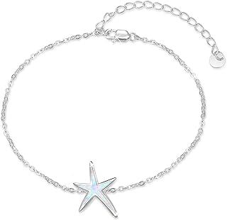 Beach Charm Bracelet, 925 Sterling Silver Starfish with Opal Gem, Box Chain & Spring Ring Clasp, Perfect Birthday Gift for Women and Girls