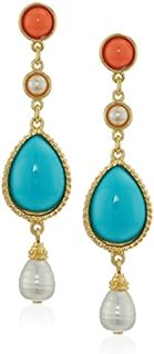 Santorini Collection: Gold-plated Turquoise Coral Stone Drop Earrings with Glass Material & Friction-back Posts