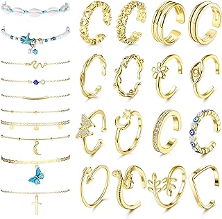 LOLIAS 26Pcs Anklets and Toe Rings for Women Silver Gold Plated Toe Rings Layered Ankle Bracelets Evil Eye Open Adjustable Toe Rings for Summer Beach Foot Jewelry