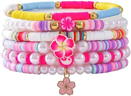 Bohemia Hawaiian Plumeria Rubra Tropical Flower Stackable Bracelets Set Colorful Polymer Clay Beaded Bracelets Cute Sweet Flower Y2K Pearl Bracelets Summer Beach Holiday Jewelry