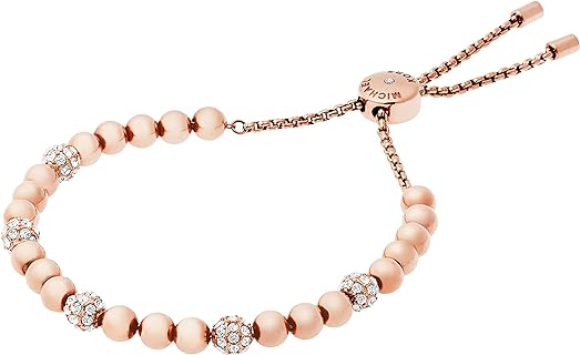 Chic Rose Gold Michael Kors Beaded Bracelet with Pavé Crystals and Unique Bead Chain Clasp for Women, Fashionably Elegant Design