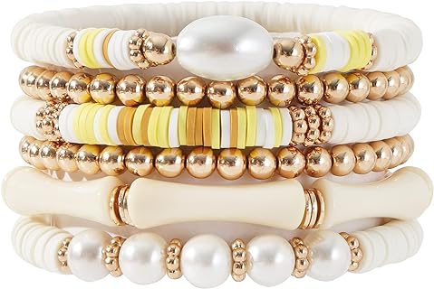 Heishi Gold Beaded Bracelet Set for Women Stackable Colorful Acrylic Tube Polymer Clay Pearl Bead Stretch Bracelets Summer Beach Bohemian Bracelets Jewelry for Women Girls