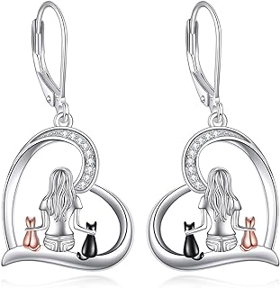 Lever Back Sterling Silver Dangle Earrings with Black Cat Design for Women and Girls