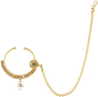 Aheli Classy Wedding Party Wear Nose Ring Nath with Pearl Chain Traditional Saree Jewelry for Indian Women