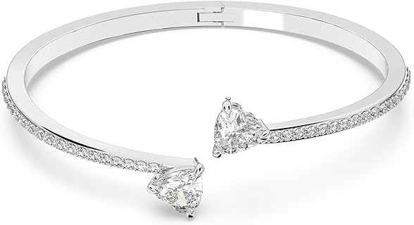 Swarovski Clear Crystal Heart Bangle Bracelet with Tilt up Clasp - Rhodium Finish - Sophisticated Design