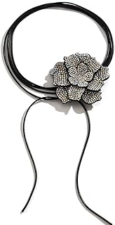 Rhinestone Flower Choker Necklace with Rope Chain for Women, Silver Adjustable Lace Floral Design