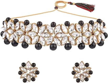 Efulgenz Pearl Choker Necklace Set Indian Jewelry Sets for Women Floral Stud Earrings Choker Necklace Earrings Set Indian Bridal Jewelry Set for Wedding CZ Crystal Faux Pearl Necklace Dangle Earrings Fashion Bollywood Jewelry