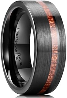 King Will 8mm Wood/Red Opal/Gold Foils Inlaid Black Tungsten Carbide Rings Wedding Band Brushed Hammered Men’s Engagement Ring Comfort Fit for Men Women