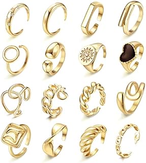 HAIAISO 16Pcs Gold Chunky Dome Ring Set for Women Girls 18K Gold Plated Stackable Open Link Ring Trendy Braided Twisted Geometric Heart Signet Ring Adjustable Open Band Rings Minimalist Statement Jewelry 4-9