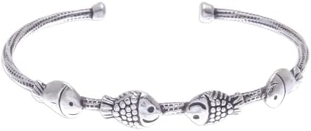 NOVICA Handcrafted Fish Family 950 Silver Cuff Bracelet - No-Clasp Type Box Chain, Artisan Made Thailand Sterling Silver Piece, Animal Theme Hill Tribe Art Inspired Design