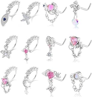 Evil Eye Stainless Steel L-Shaped Nose Ring Set with Cubic Zirconia for Women, Dangling Butterfly, Heart and Flower Designs